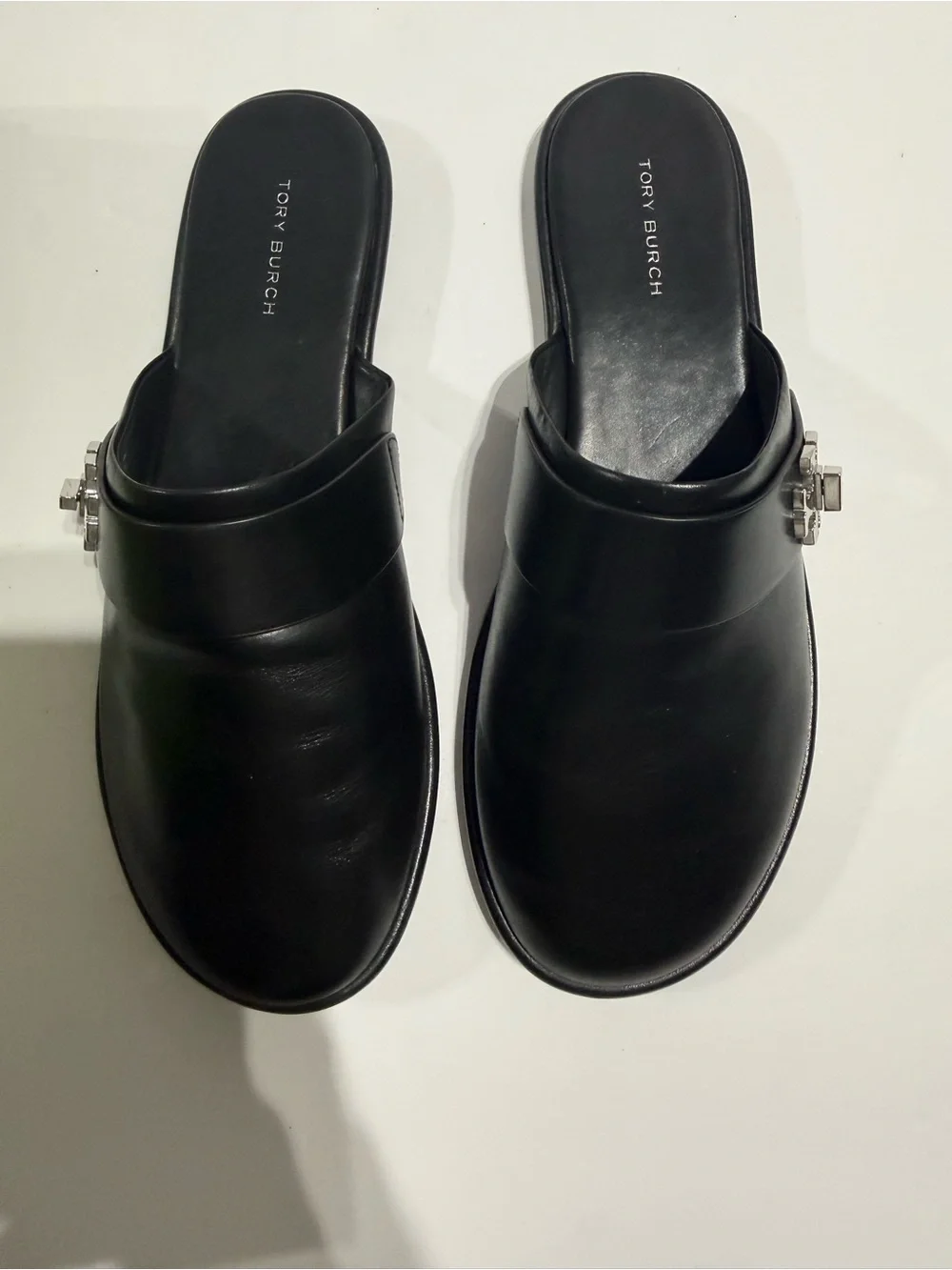 Tory Burch Black Leather Slide Mules with Silver Logo Accent